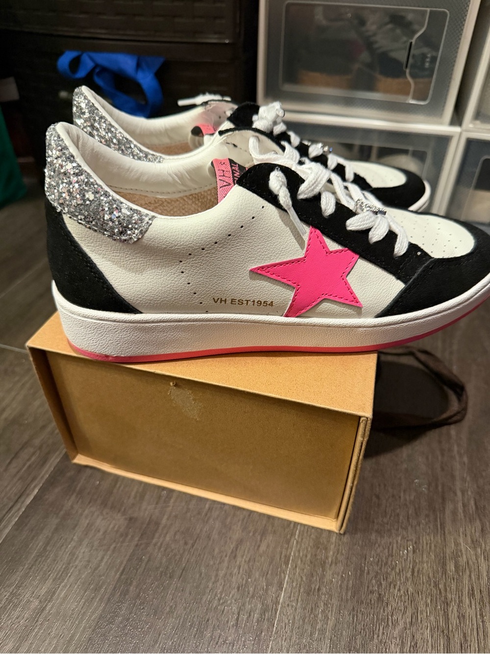 Vintage Havana White Black Sneakers with Hot Pink Star and Silver Glitter Heel